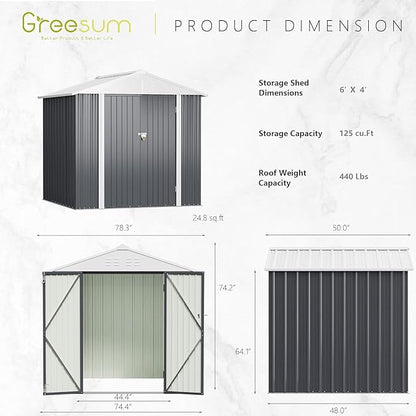 Greesum 6x4FT Outdoor Storage Shed, Utility Tool Shed Metal Storage Garden Shed with Door & Lock for Patio Storage, Gray