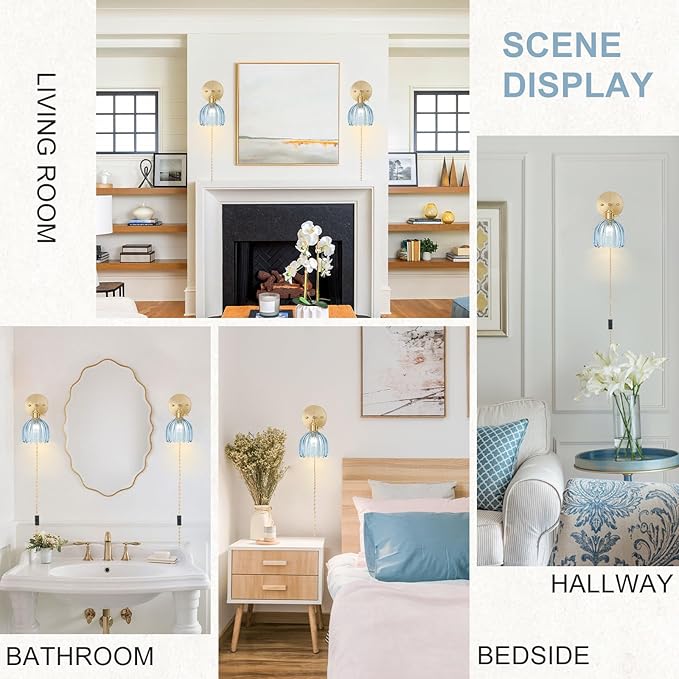 Plug in Wall Sconces Set of 2, Vintage Wall Sconce Light with Tulip Denim Blue Glass Lampshade, 180° Adjustable Wall Sconce with Switch and Plug in wall lamp Cord, Gold Wall Light Wall Decor Set of 2