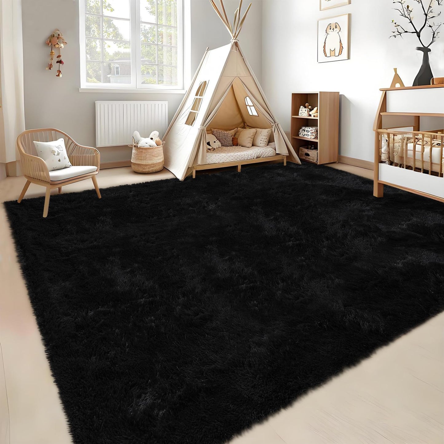COZYLOOM Luxury Super Soft Fluffy Area Rug 4x6 Plush Fuzzy Rugs Ultra Soft Fluffy Furry Rugs Non Slip Non Shedding Area Rug Indoor Carpet for Nursery Kids Room Bedroom Home Decor,Black