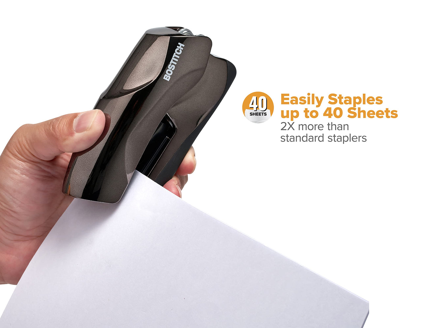 Bostitch Office Heavy Duty Stapler, 40 Sheet Capacity, No Jam, Half Strip, Fits into the Palm of Your Hand, For Classroom, Office or Desk, Black Chrome