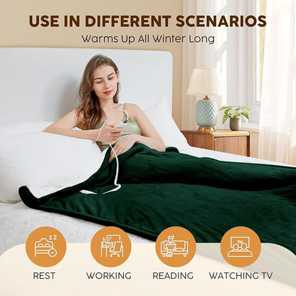 HYLEORY Heated Electric Blanket Throw 50"x60" Soft Fleece & Flannel with 5 Heating Levels & 3 Hours Timer Auto Shutt Off, ETL Certified, Washable，Heated Blanket for Body-Dark Green