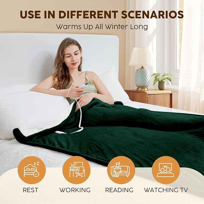 HYLEORY Heated Electric Blanket Full 72"x84" Soft Fleece & Flannel with 5 Heating Levels & 10 Hours Timer Auto Shutt Off, ETL Certified, Washable，Heated Blanket for Body-Dark Green