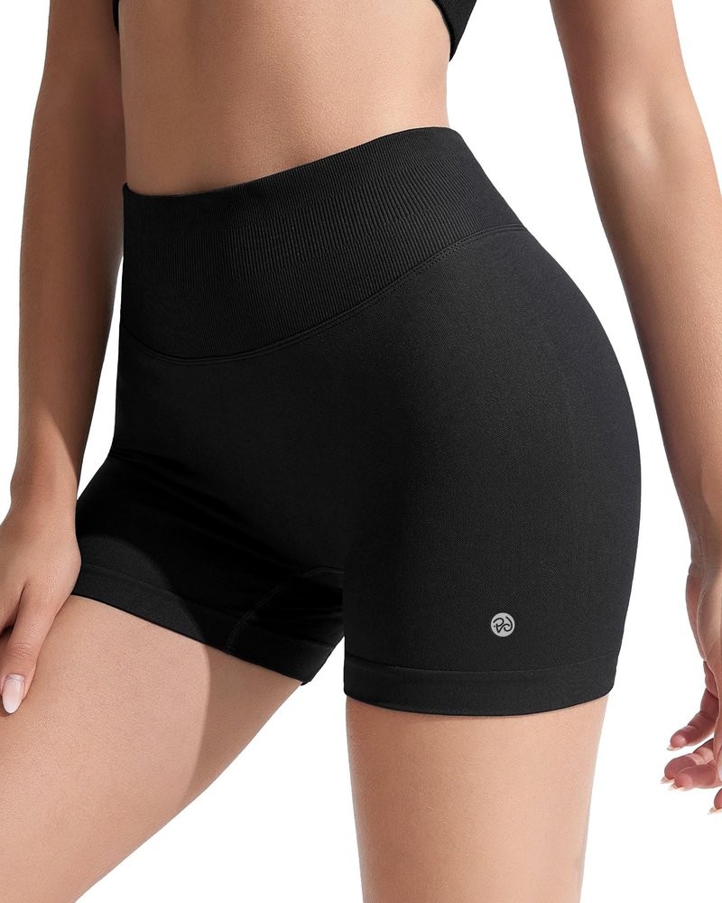 RIOJOY Womens Workout Shorts 4" Seamless High Waisted Scrunch Sports Yoga Fitted Short Tummy Control Running Biker Athletic No Front Seam Pants Soft Lightweight Booty Leggings Black L