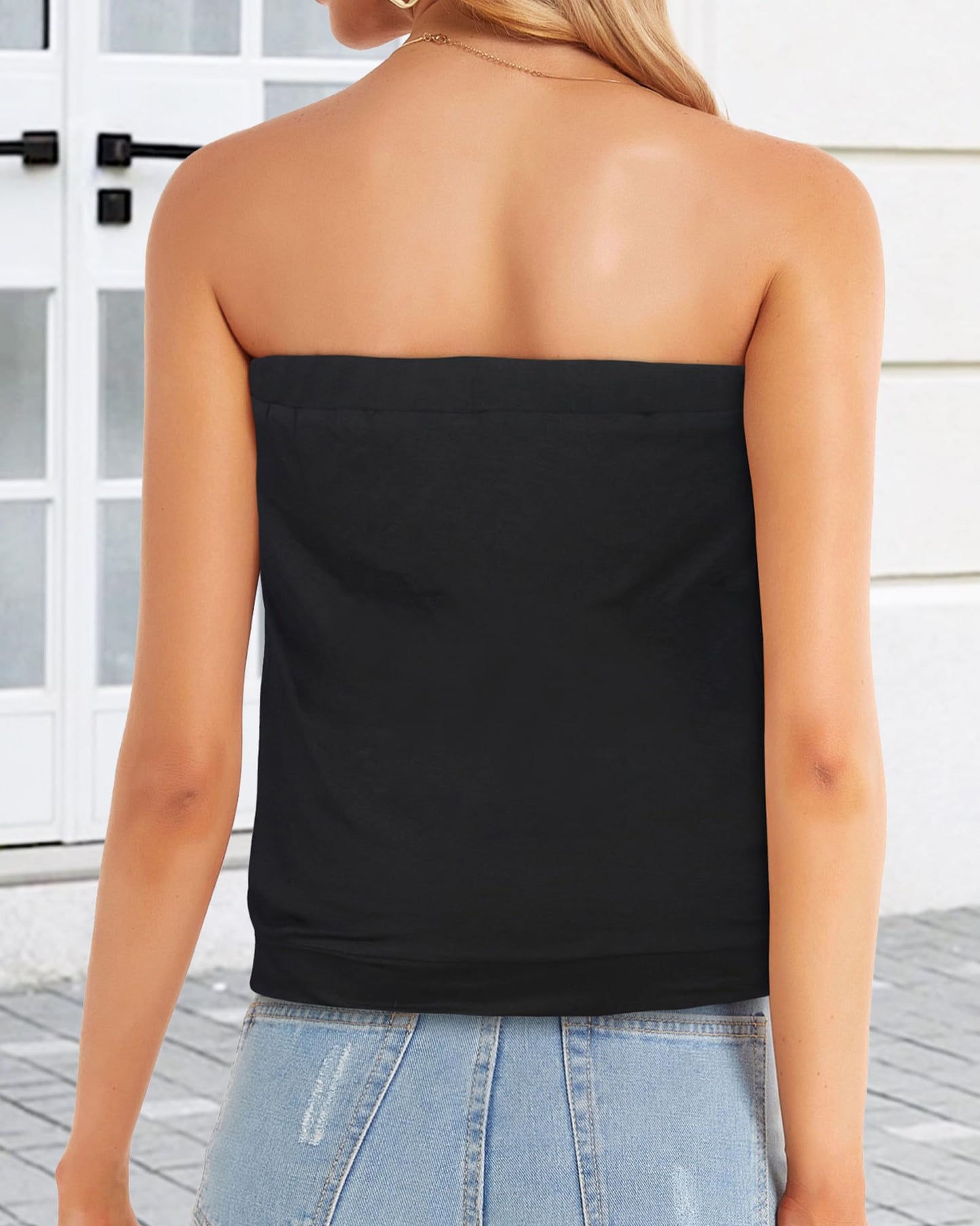CHICGAL Women's Off The Shoulder Tops Summer Casual Bandeau Tank Casual Strapless Tube Blouse Shirts (Black,L)