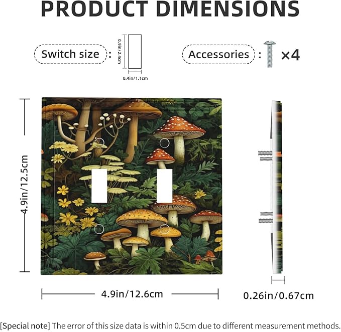 Mushrooms Forest Nature Botanical Art Light Switch Covers Double Toggle 2 Gang Wall Plate Dual Decorative Switchplate Electrical Faceplate for Farmhouse Living Room Decor