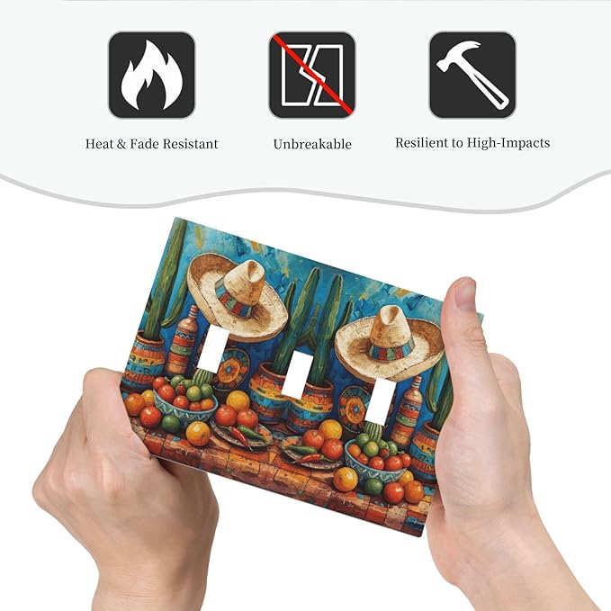 Decorative Art Light Switch Covers Mexican Sombrero & Serape Vibes 3 Gang Triple Toggle Wall Plate Decorative Switch plate Electrical Faceplate for Home Decor