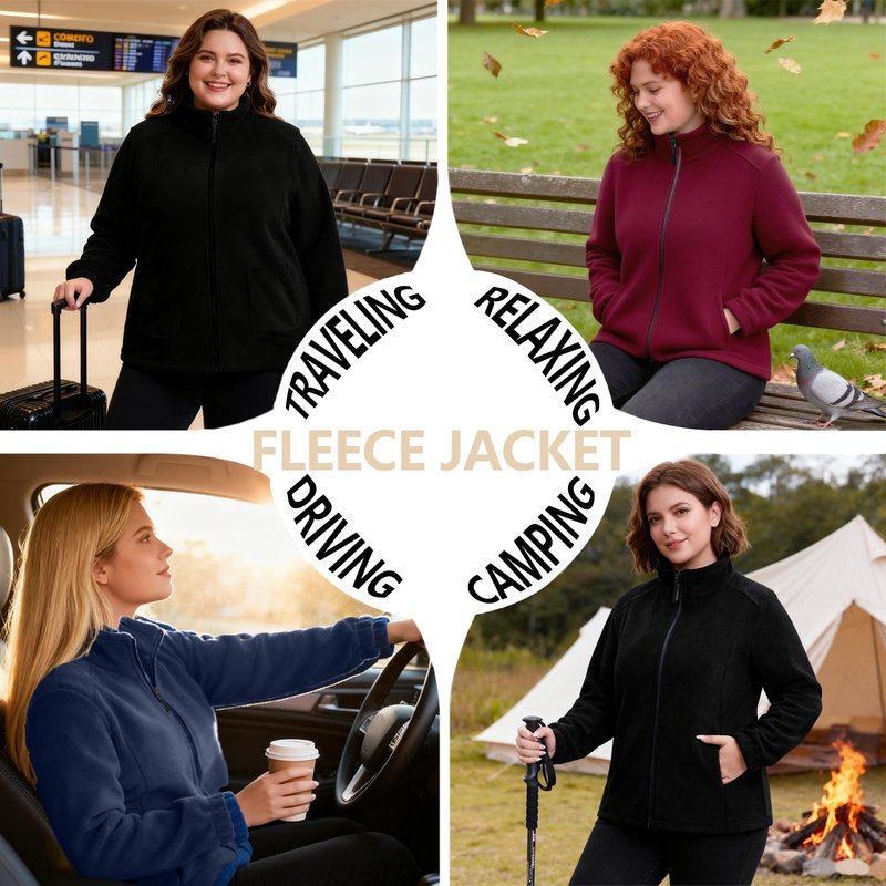 HHE Women Plus Size Fleece Jacket Zip Up Lightweight Soft Polar Fleece Jacket (Black, 2X)