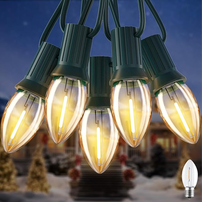 C7 LED Christmas Lights Outdoor, 25FT Vintage Christmas String Lights with 25+1 Plastic Bulbs, Commercial Connectable Holiday Lights for House Roofline Fence Garage Garden Backyard Pathway Decorations