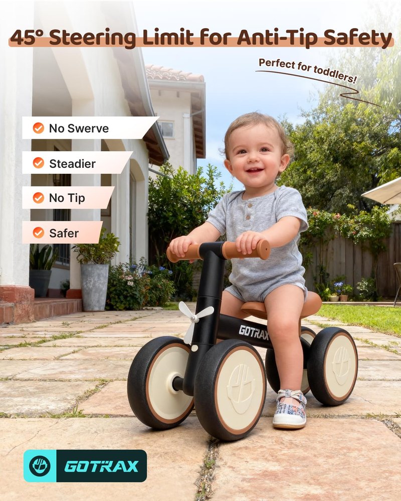 Gotrax Baby Balance Bike 1-2 Years, 7" Front&Rear Silent Wheels, Sturdy Steel Frame 66 lbs Load, Quick 2-Min Assembly, CPC Certified, Comfortable Soft Seat, Toddler Birthday Gift for Boys&Girls Black