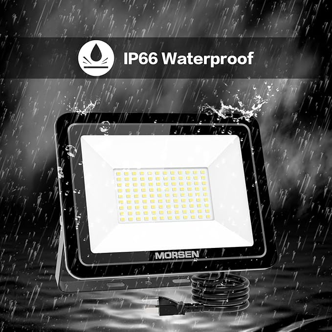 MORSEN 100W Flood Light Outdoor Plug in - 15000LM 5000K LED Flood Light, IP66 Waterproof, UL Listed Daylight Security Lights for Garden, Yard, Garage, Stadium, 2 Pack
