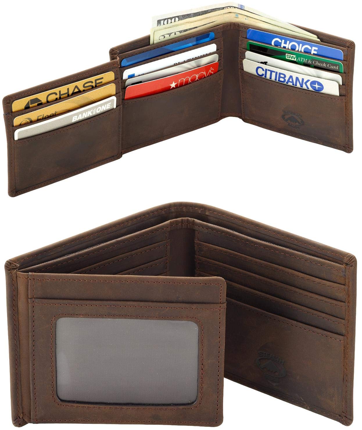 Stealth Mode Leather Bifold Wallet for Men - RFID Blocking, 11 Card Slots, Gift Box