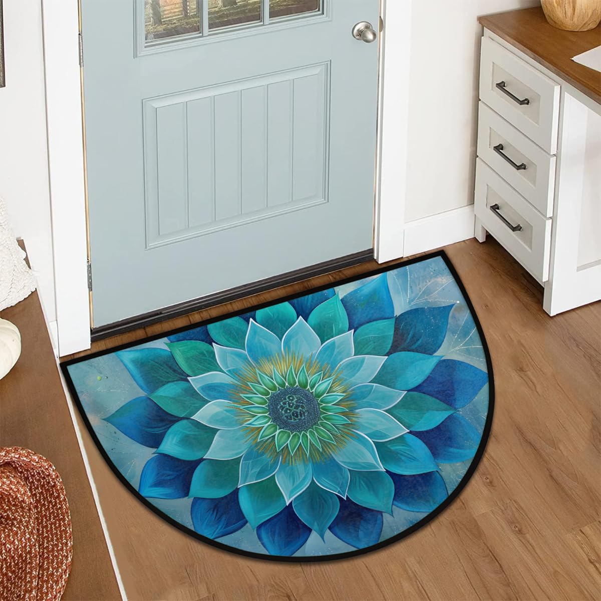 Daiachsy Teal Mandala Half Round Rug Half Moon Door Mat Half Circle Rugs