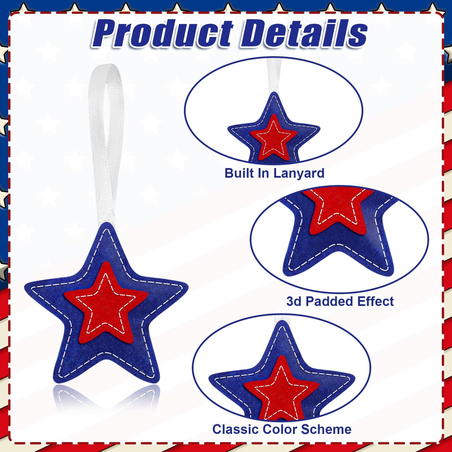 JANSUN Patriotic 4th of July Felt Star Ornaments 30 Pack Tree Hanging Star