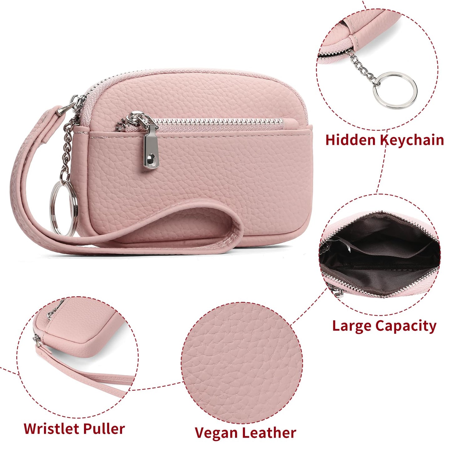 GAEKEAO Coin Purse for Women Small Wristlet Wallets Vegan Leather Change Pouch with Hidden Keychain and 2 Zipper Pockets
