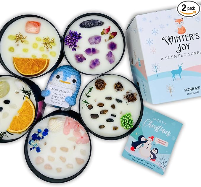 Moira's Bazaar Winter's Joy Gift Set – 16 Oz 50 Hr Scented Candle with Crystals & a Crochet Positive Penguin | Christmas, Holiday, or Motivational Gift, Artisanal Luxury Fragrances (Botanical Bliss)