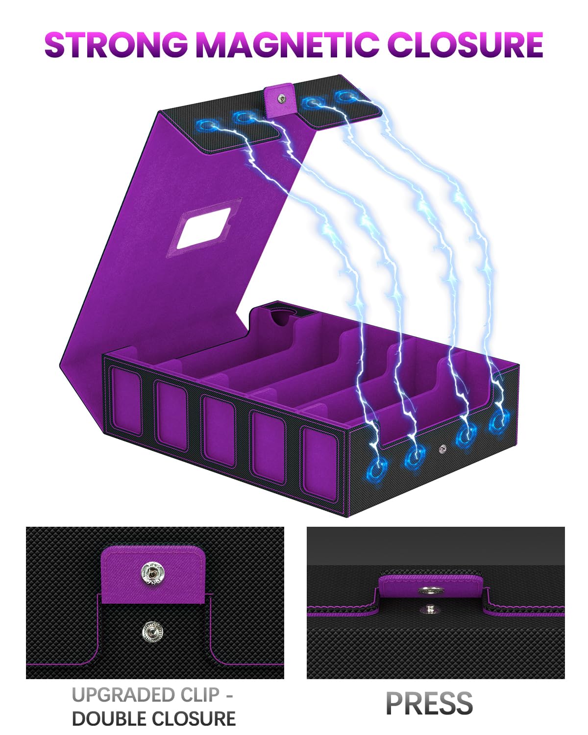 Trading Card Storage Box, 5 Row Card Deck Case with Commander Display & Portable Handle, 4200+ Card Deck Boxes Compatible for MTG TCG Magic Cards, 30 Divider, 8 Supporters, 1 Dice Tray(Black & Purple)