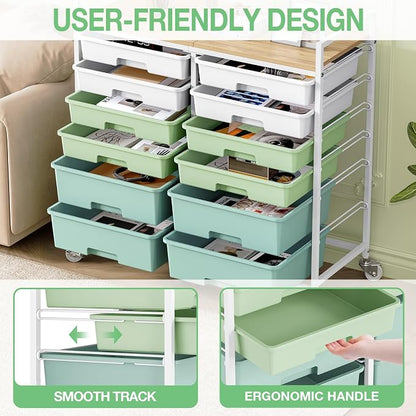 Rolling Storage Cart with 12 Drawers, Wooden Tabletop Utility Cart for Craft Storage, Art Supply Storage & Home Office Organization, Teacher Cart with Wheels for Classroom Organization, School (Green)