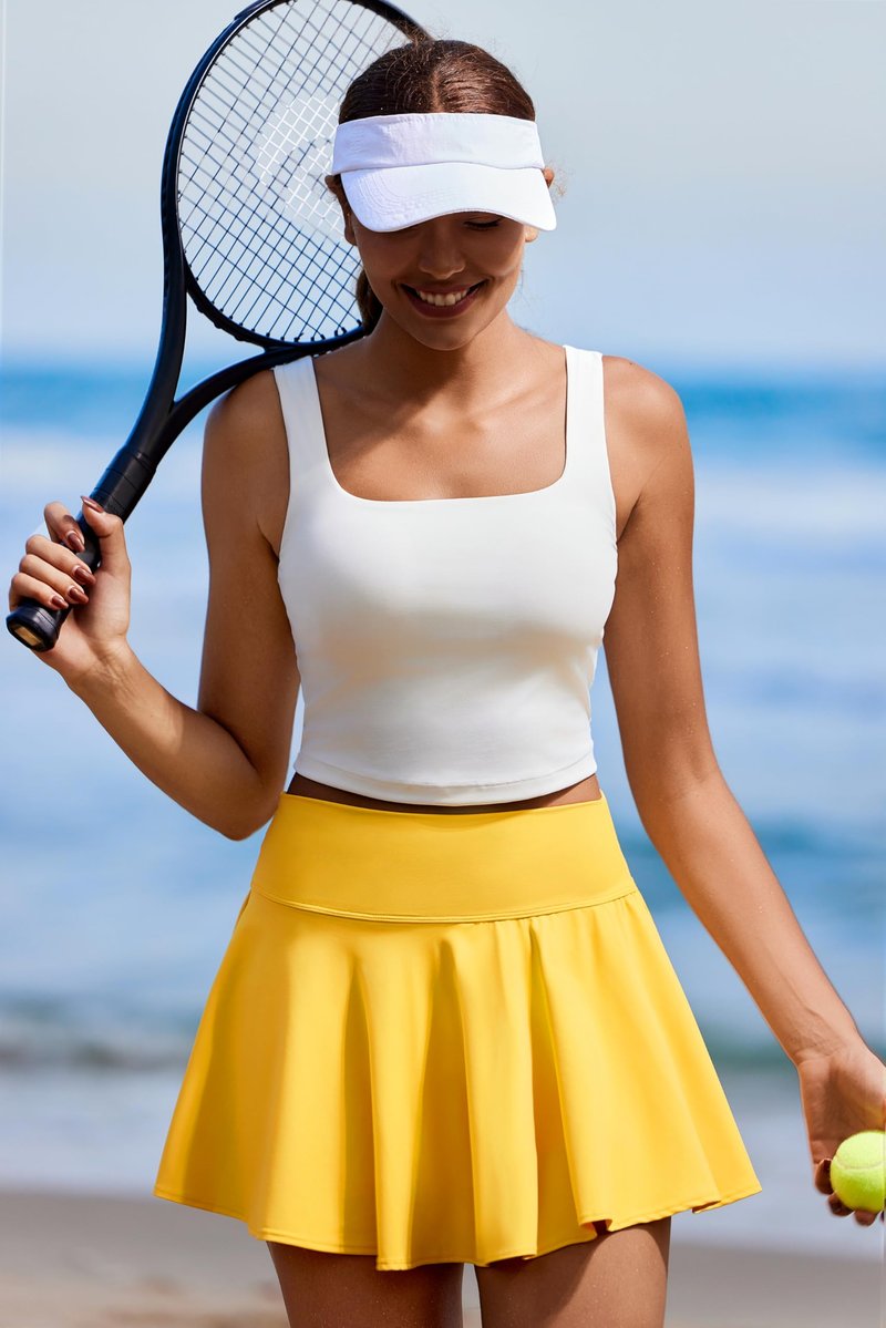 PINSPARK Womens Tennis Skirt High Waist Pleated Mini Skirts Tummy Control Athletic Skort with Pockets, Yellow XL