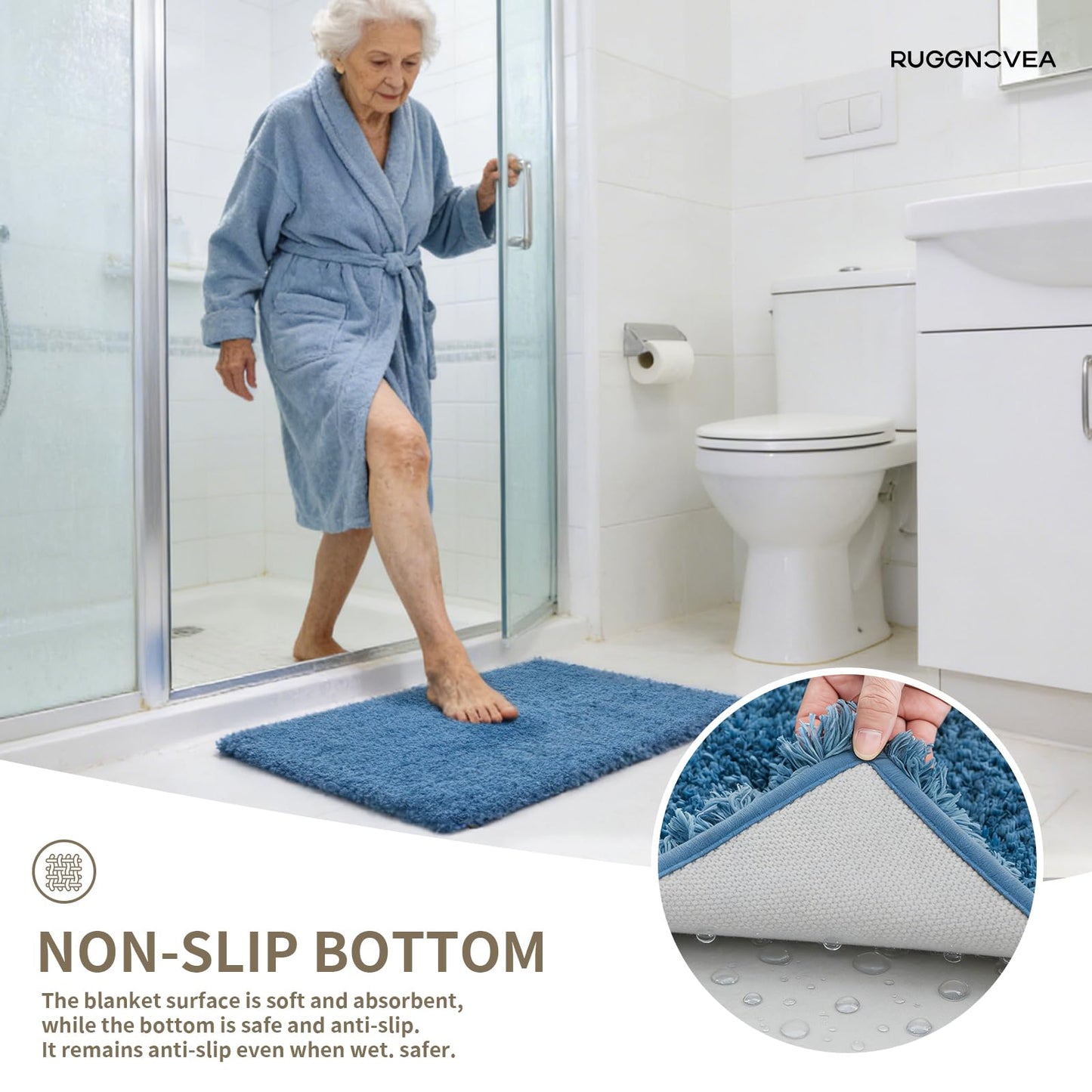 Ruggnovea Bathroom Rugs Non Slip Washable, Ultra Thick Soft Microfiber Absorbent Bath Mats, High Density Foam Latex Non Slip Backing Bath Rugs, Fluffy Floor Carpet for Tub&Shower 24x17, Blue