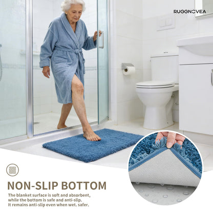 Ruggnovea Bathroom Rugs Non Slip Washable, Ultra Thick Soft Microfiber Absorbent Bath Mats, High Density Foam Latex Non Slip Backing Bath Rugs, Fluffy Floor Carpet for Tub&Shower 24x17, Blue