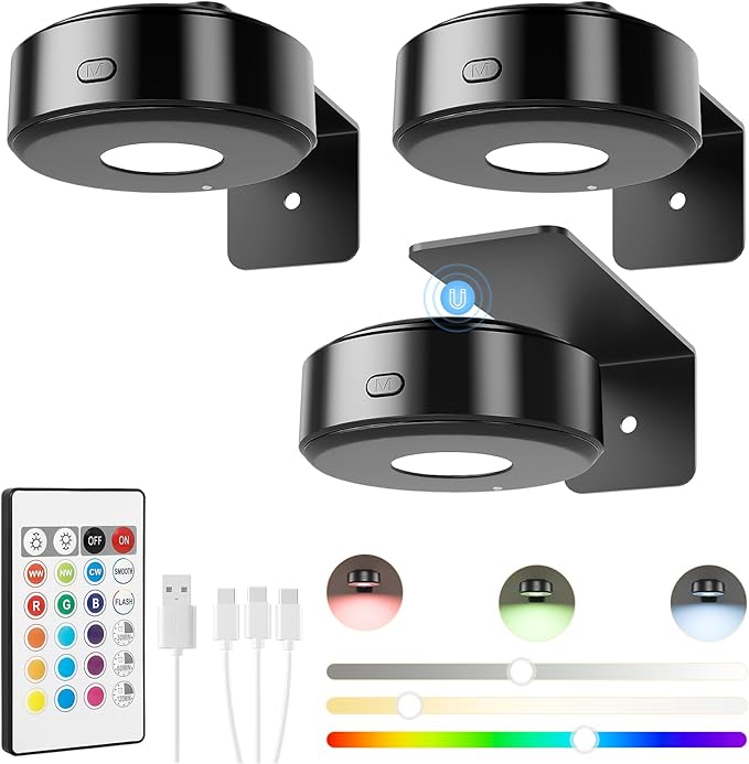 3PCS Picture Lights, Rechargeable Battery Magnetic Poster Lights with 3 Color Temps&12 RGB, Dimmable and Timer Metal Art Light for Display, Wall, Artwork, Gallery (Black)
