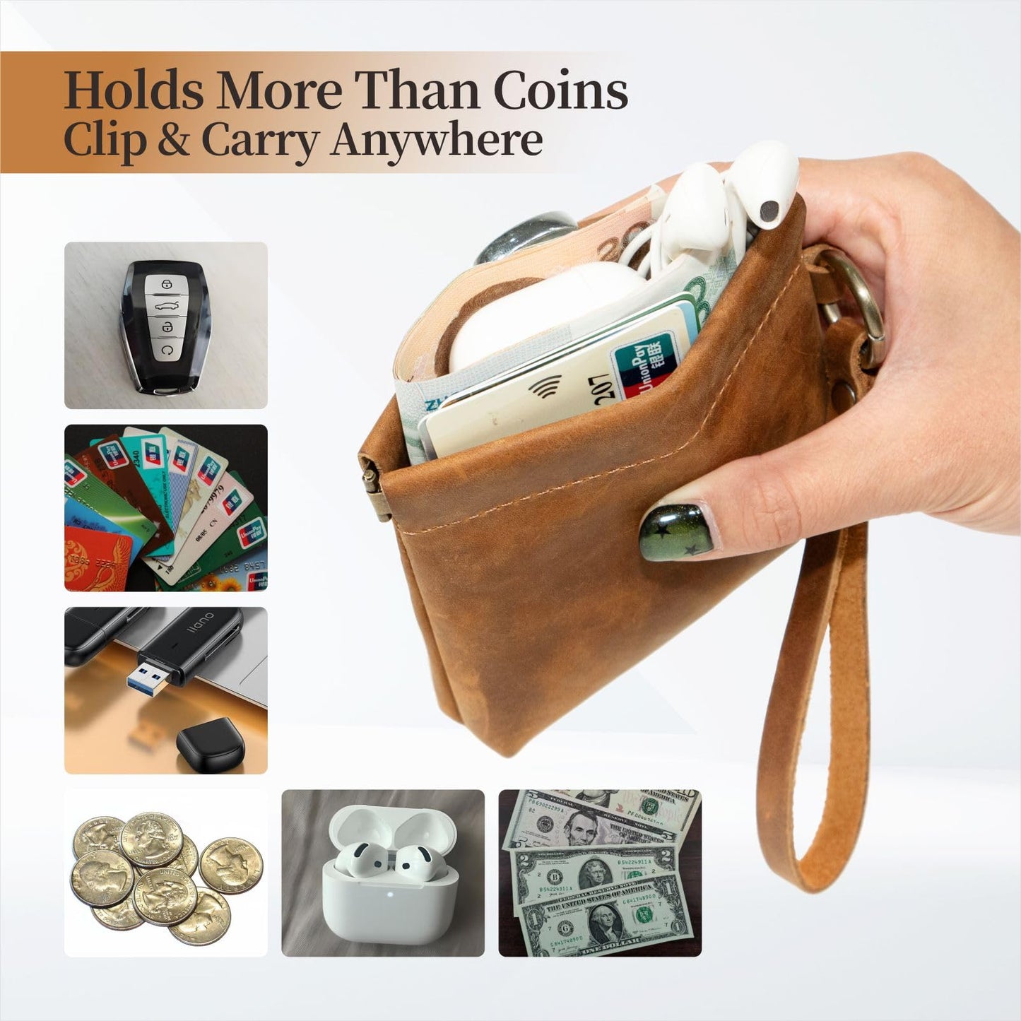 Leather Coin Purse with Wristlet, Aesthestyle Coin Pouch with Dual Interlayer, Card and Change Holder, Easy Clip on without Zipper, Squeeze Coin Wallet, Handmade Genuine Leather Wallet For Men/Women