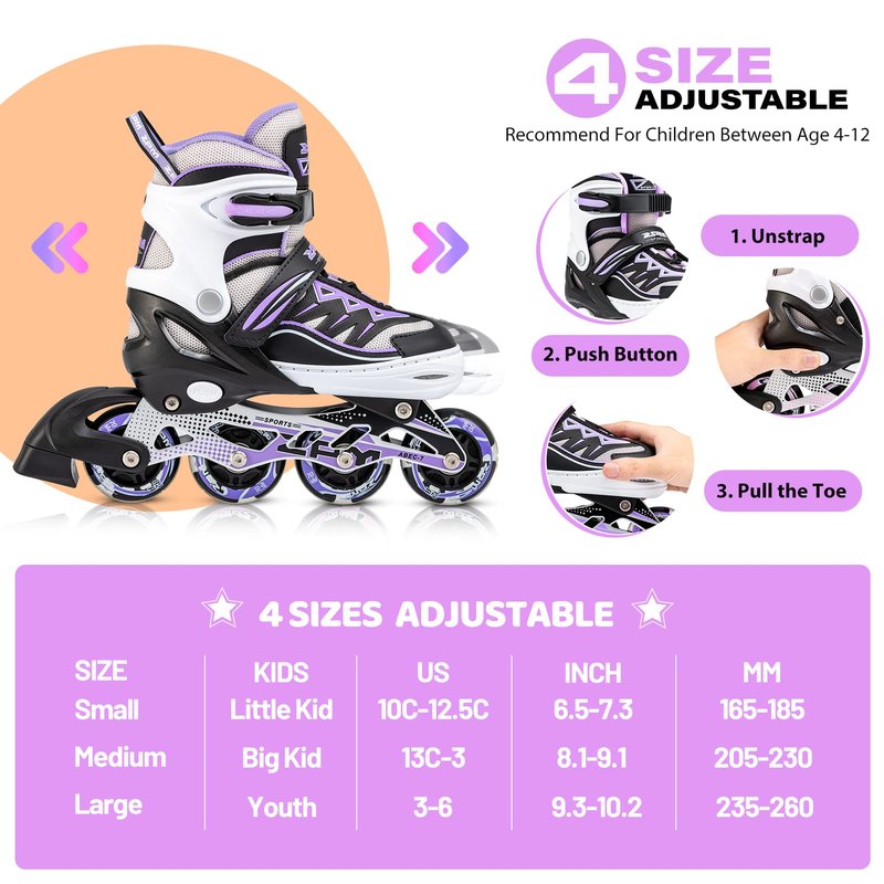 2PM SPORTS Cytia Pink Girls Adjustable Illuminating Inline Skates with Light up Wheels, Fun Flashing Beginner Roller Skates for Kids (Purple, Small - Little Kids (10C-12.5C US))