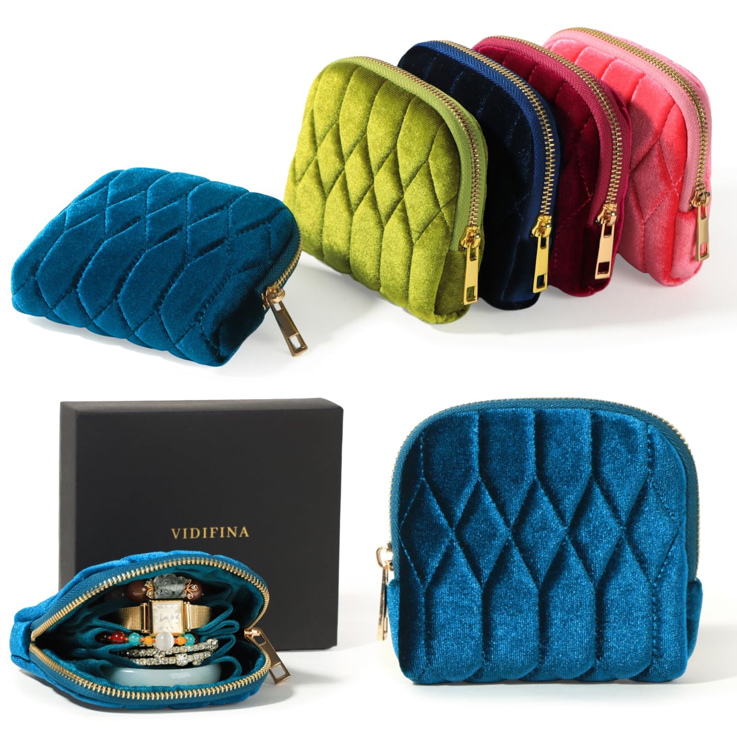 Vidifina Travel Jewelry Case,Mini Travel Jewelry Bag with Zipper,5-Layer Velvet Organizer Pouch for Bracelet Rings Earrings - Diamond Stitched Velvet Teal Blue