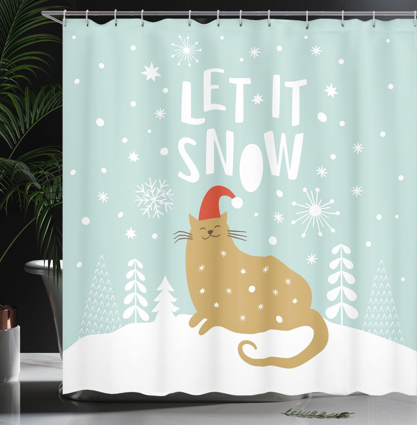 Ambesonne Christmas Shower Curtain, Let It Snow Words Kitty Cat with Santa Claus Hat Snow Graphic, Cloth Fabric Bathroom Decor Set with Hooks, 69" W x 70" L, Brown Seafoam