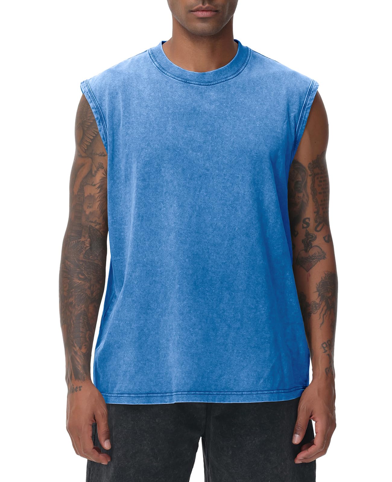 Mens Workout Tank Tops Sleeveless Tee Shirts Men Muscle Shirt Gym Acid Wash T Shirts Running Beach Loose Fit Tee(BU,XL) Blue