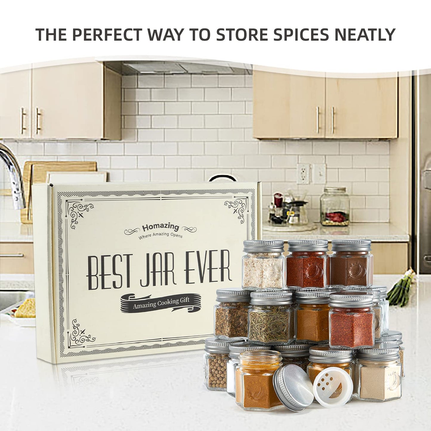 Homazing Set of 20 Large 4oz Magnetic Spice Jars for Refrigerator, Hexagon Glass Magnetic Spice Jars with Shaker Lids and Labels for Kitchen RV Travel Trailer, Magnetic Spice Containers for Fridge
