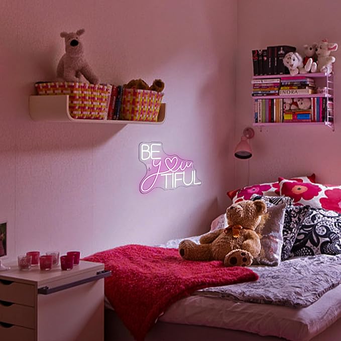 Horseneon Be You Tiful Neon Led Sign, Rectangular Pink Neon Light Sign, 16.5''*11.6'', Wall Mount, Modern Love Theme, USB Powered, Acrylic Material, Perfect for Room Decor, Salon, Party, Gift