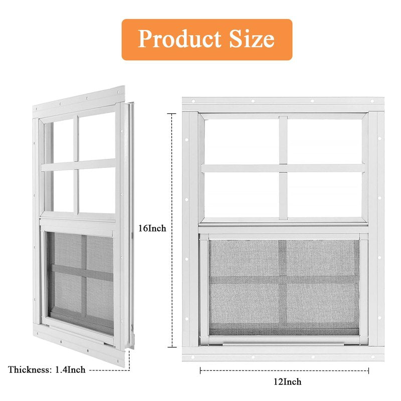 2 Pack Shed Window, 12" x 16" Sliding Windows Flush Mount with Tempered Glass and Fiberglass Screen for Shed, Chicken Coop, Barn, Playhouse, Household, Garage