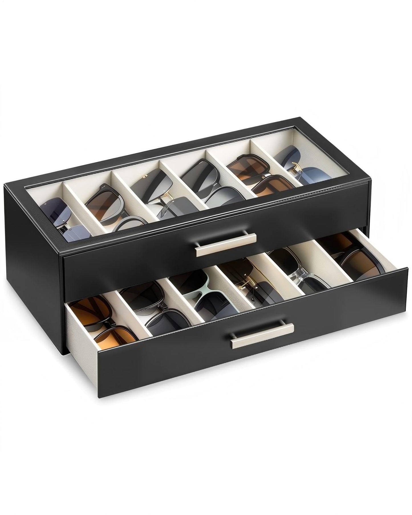 ProCase 12 Slots Sunglasses Organizer, 2-Layer Eyeglass Holder with Clear Glass Lid, PU Leather Glasses Storage Display Case for Men Women -Black
