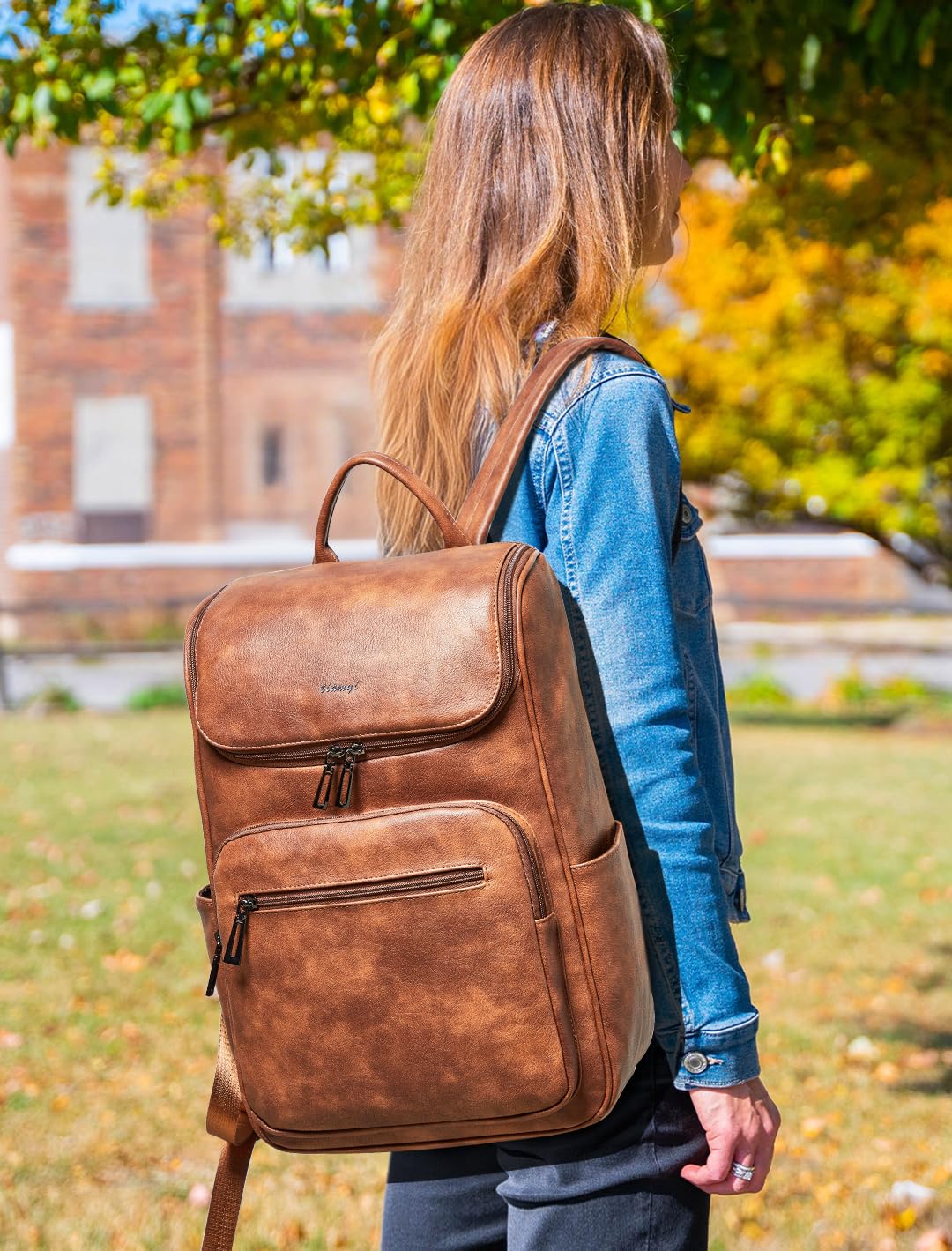 tiamyi leather travel backpack for men and women, flap top laptop backpack fits 17.0 inch computer with luggage strap and separate padded compartment, brown