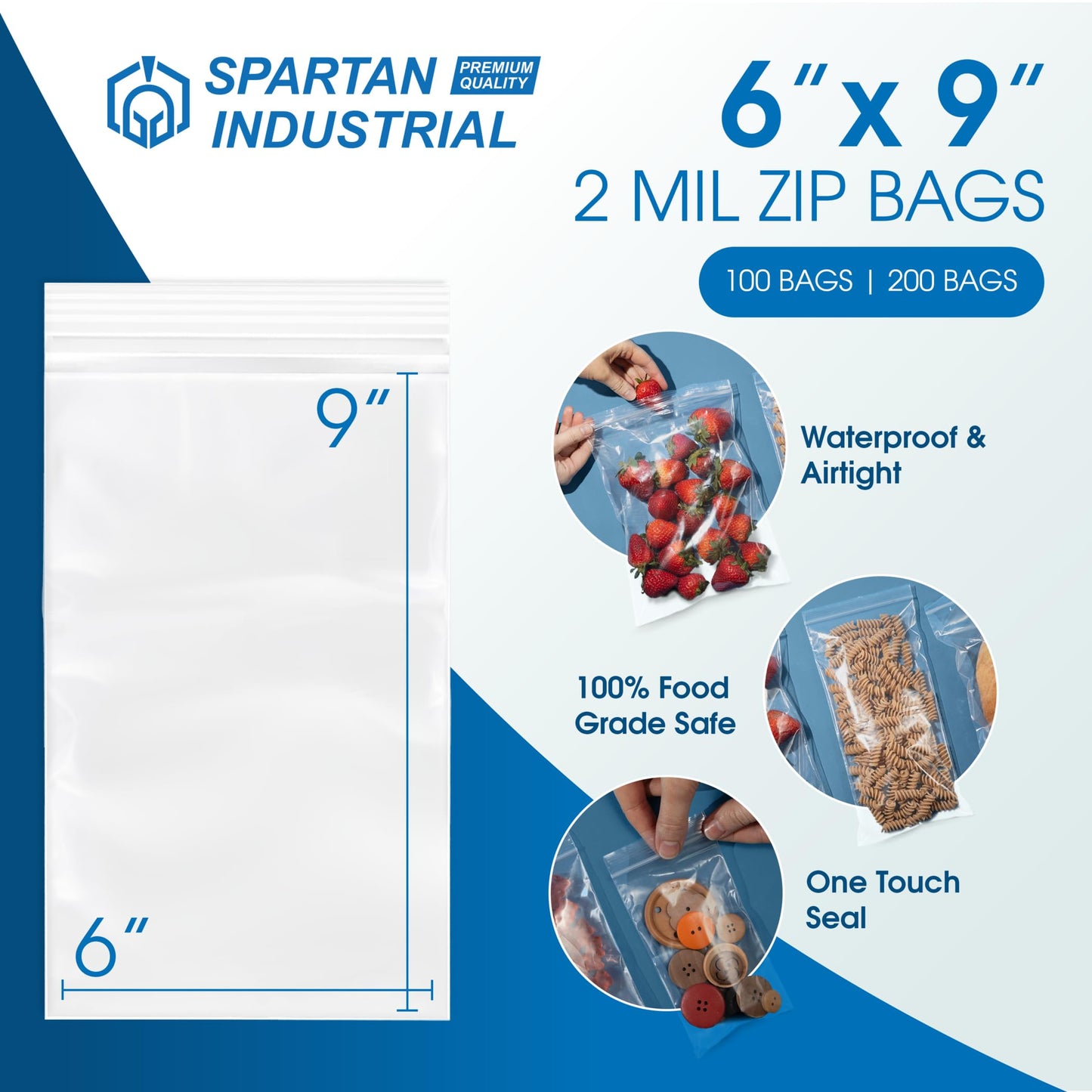Spartan Industrial - 6” X 9” (200 Count) Quart Clear Reclosable Zip Plastic Poly Bags with Resealable Lock Seal Zipper - 2 Mil