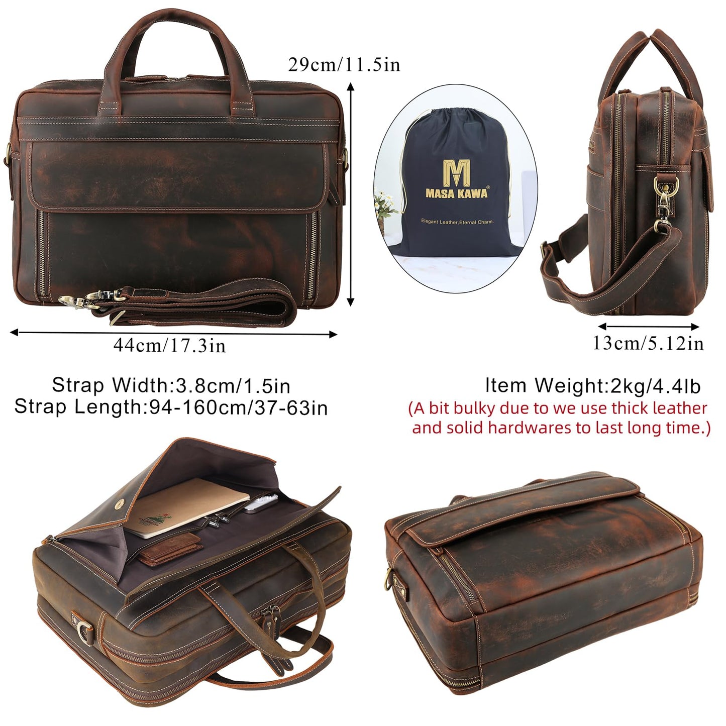 Masa Kawa Vintage Leather Briefcase for Men 17 Inch Laptop Computer Brief Case Business Travel Work Messenger Cross Body Shoulder Bags, Brown