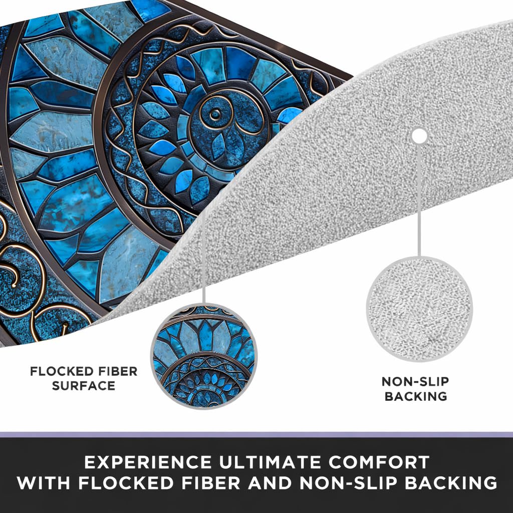 Half Round Door Mat 35.4 x 23.6 Inch, Non Slip Washable Semicircle Entryway Rug, Blue Mosaic Floor Mat for Front Door Kitchen Bathroom Patio(Blue, 35.4 x 23.6inch)
