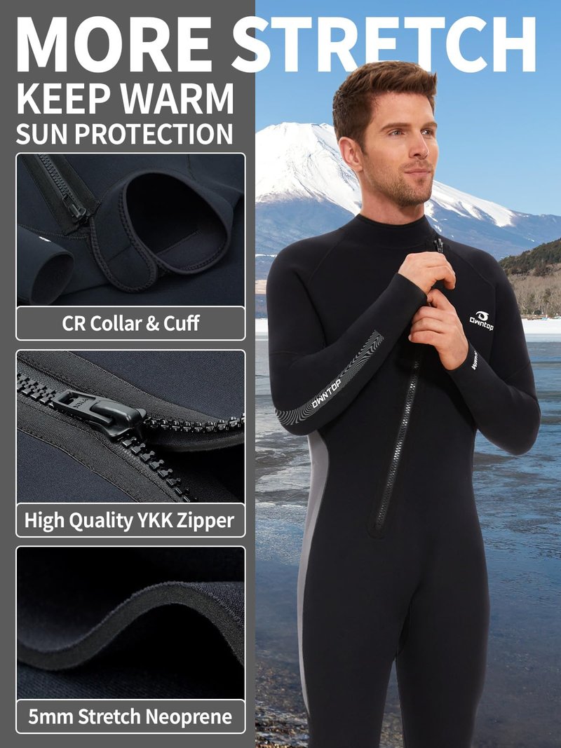 Owntop 5mm Wetsuit for Men - Long Sleeve Full Diving Suits Stretch One Piece Dive Skin UPF50+ Thermal Neoprene Swimwear Ideal for Scuba Surfing Snorkeling, Gray XL