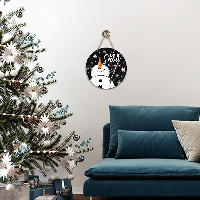 Deroro Winter Snowman Sign for Front Door Decor, Black Let It Snow Welcome Farmhouse Wood Door Hanger for Outdoor Outside Porch, Rustic Christmas Snowflakes Wooden Wreath Wall Hanging Decoration