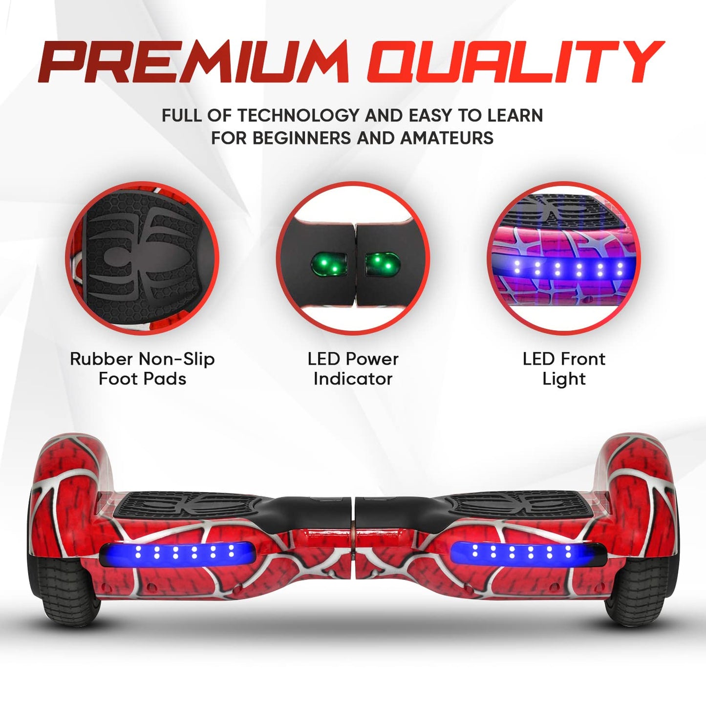 EMAXUSA, Spider-Pattern Hover Board for Kids Ages 6-12, with Bluetooth Speaker and LED Lights 6.5" Hover Board, UL2272 Safety Certified (Red)