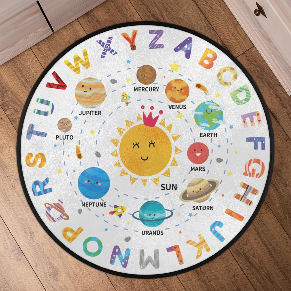 Funky Qiu Round Kids Rug,3 Ft ABC Letter Educational Playroom Rug,Non-Slip Solar System Alphabet Kid Play mat for Classroom Playroom Bedroom Kids Room Decor
