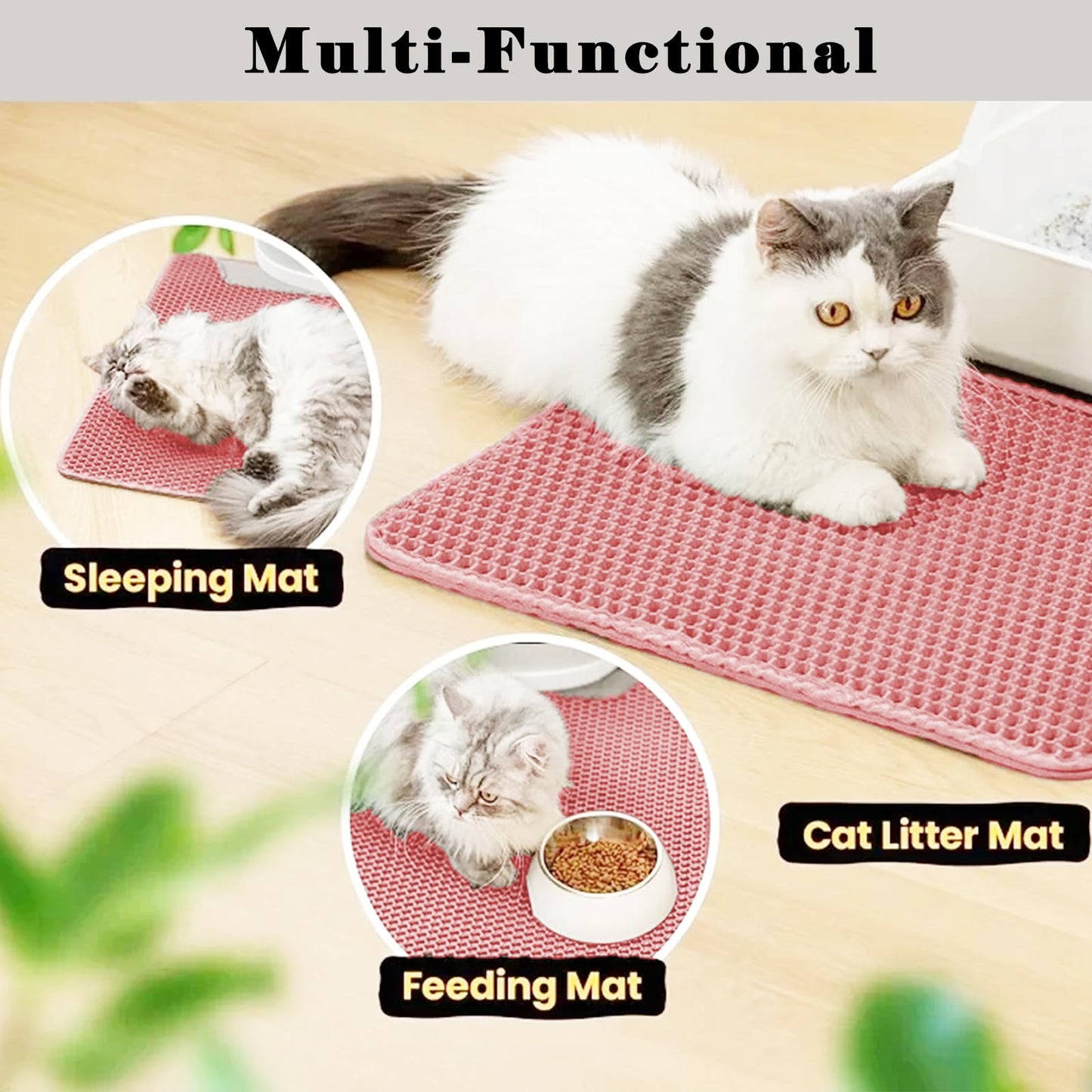 HCY&WLD Cat Litter Mat, Honeycomb Double Layer Cat Litter Trapping Mat, Waterproof Urine Proof Non-Slip, Scatter Control, Less Waste, Easier to Clean, Pink, 24" x 18"