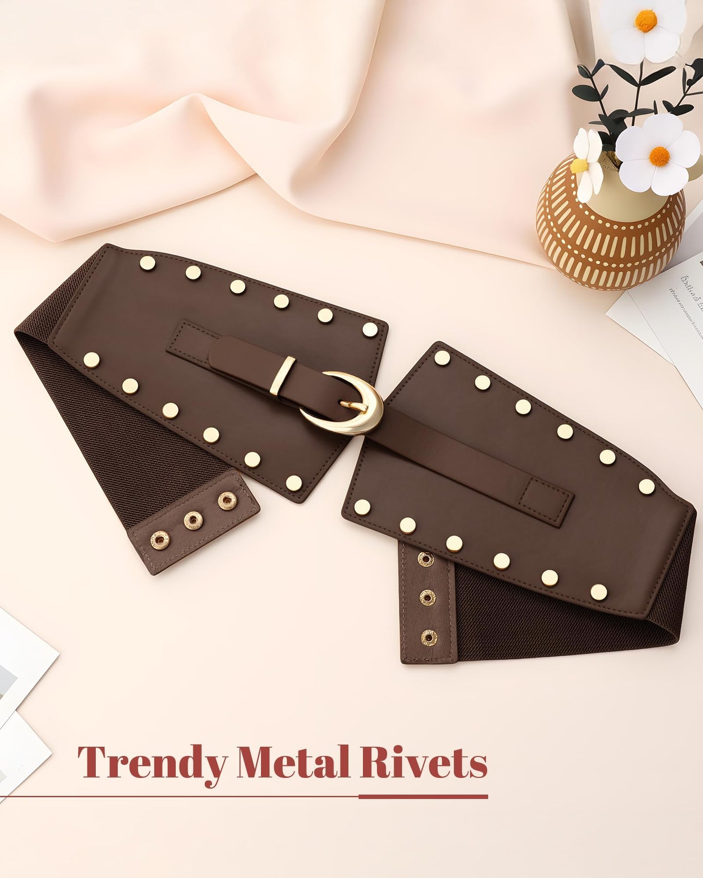 JKEEMI Women Wide Elastic Belt Studded Rivets Stylish Waist Cinch Belt for Dresses Coat