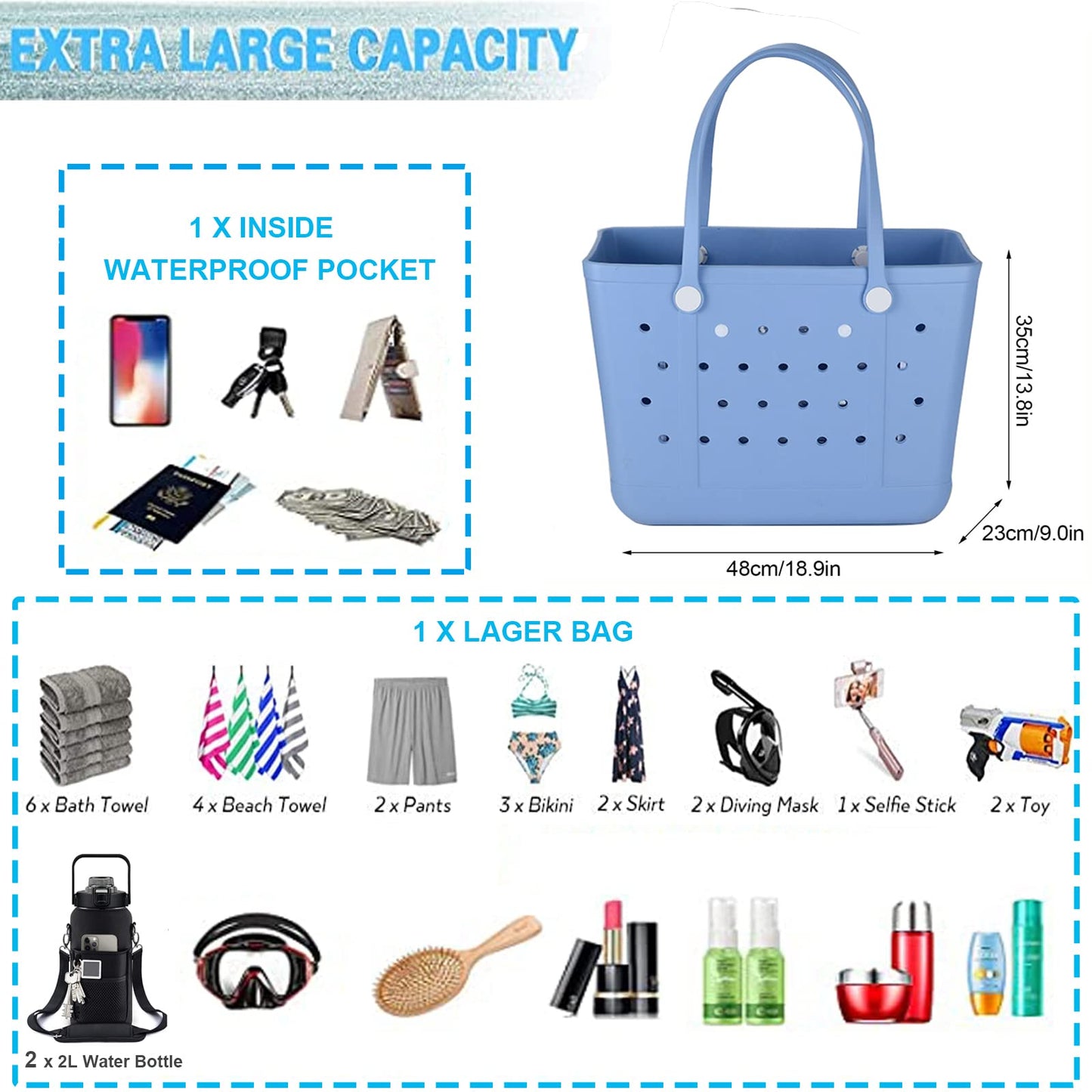 Juyeesm X Large Beach Bag, Oversized Rubber Beach Bag, Washable Open Tote Bag Durable Tote Travel Bags for Outdoor Sport