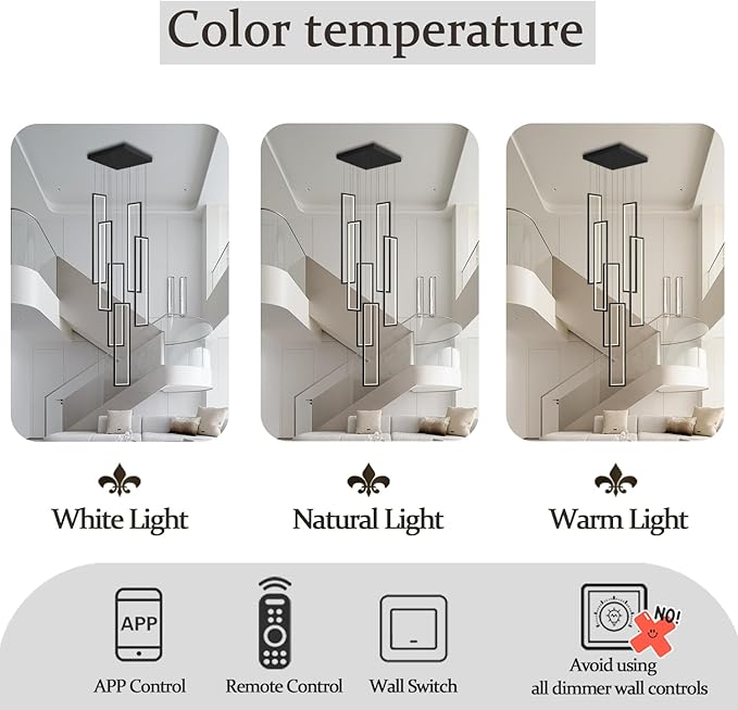 Flashing God Modern Chandelier,Black Chandelier with 6 Ring Led Foyer Chandeliers,Larger High Ceiling Chandelier for Living Room,Rectangle Chandelier for Entryway Staircase LED Dimming 2700k-6001k