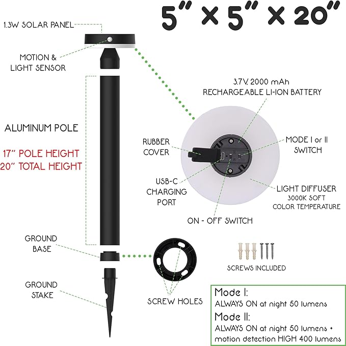 20" Solar Landscape Lights - Outdoor Solar Lights for Yard - PIR Sensor & Two Light Modes - 50lm & 400lm - Rechargeable Battery Last Up to 55 Hours - 3000K - IP44 Weather Resistant - 2 Pack