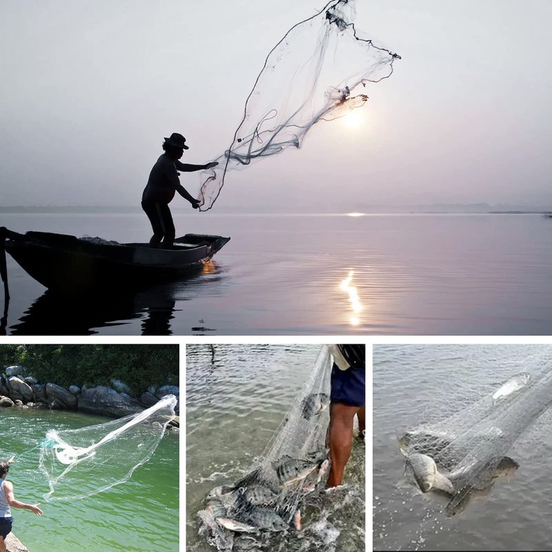 ReeMoo Cast Net, 3/8 Inch Mesh Size Throw Cast Net 6Ft Radius with Real Metal Sinker, Saltwater Freshwater Casting Net for Bait Trap Fish, Premium Monofilament Nylon Net