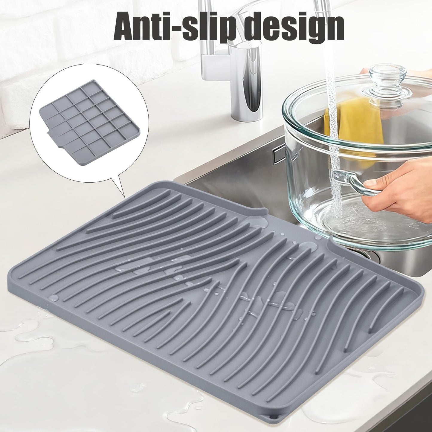 TIKNIK Silicone Dish Drying Mat for Kitchen Counter - Heat Resistant & Non-Slip Dish Drain Pad with Built-In Drain, Dishwasher Safe, Quick-Dry, Hangable & Roll-Up for Storage, Grey-1pcs, 16" x 12"