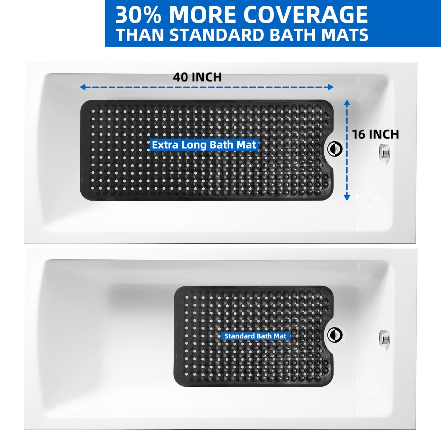ZHICHENG Bath Tub and Shower Mats, Non-Slip 39 x 16 Inch Extra Long Bath Mat, Machine Washable Bathtub Mat with Drain Holes, Suction Cups for Bathroom (Black)